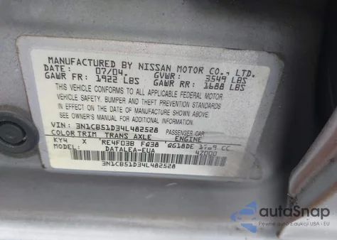 2004 Nissan Sentra 1.8S from USA, damaged, VIN 3N1CB51D34L482528